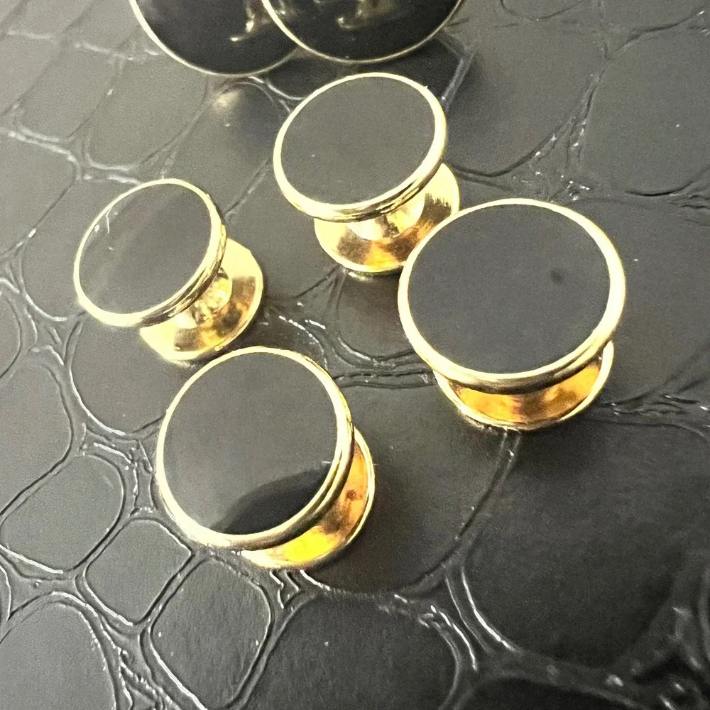 Vintage Gold Tone Tuxedo Black Enamel Cufflinks & Shirt Studs Set 6pc‎ Classic